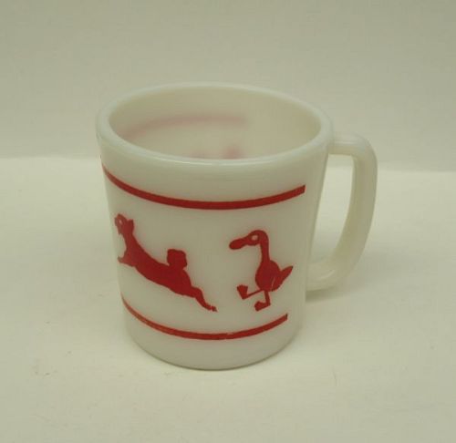 Hazel Atlas Milk White with Red FARM ANIMALS 3 1/8" CHILDS HANDLED MUG