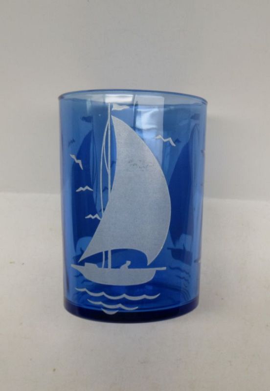 Hazel Atlas Cobalt Blue SAILBOAT, aka SHIPS, 3 3/4 In 9 Oz TUMBLER