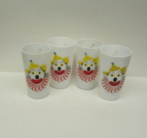 Hazel Atlas Milk White 5 Inch High CLOWN TUMBLERS, Set of Four