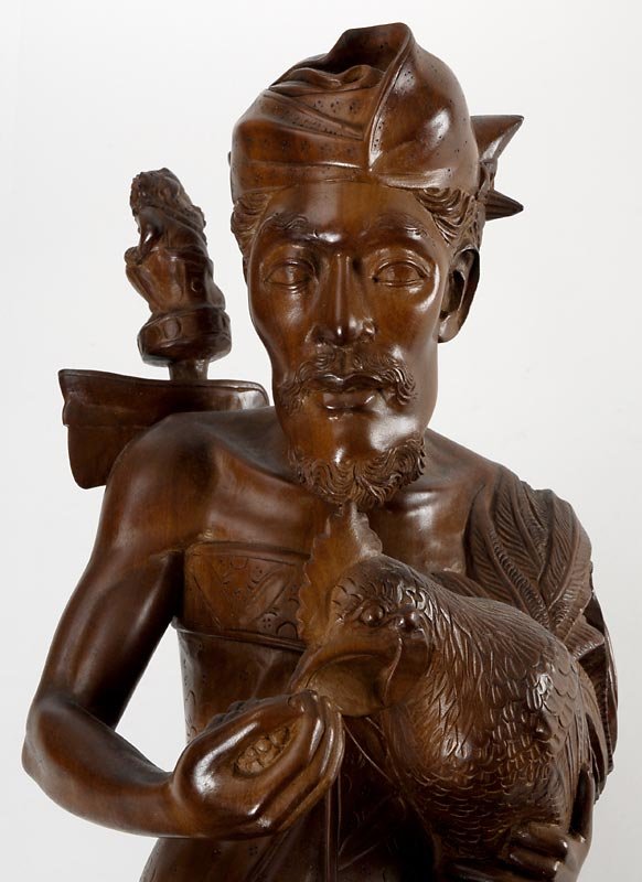 Exceptional Bali Woodcarving: Statue of Man with Cock.