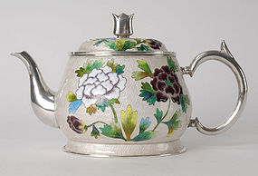 Old Korean Silver  Cloisonne Tea Pot, Marked.