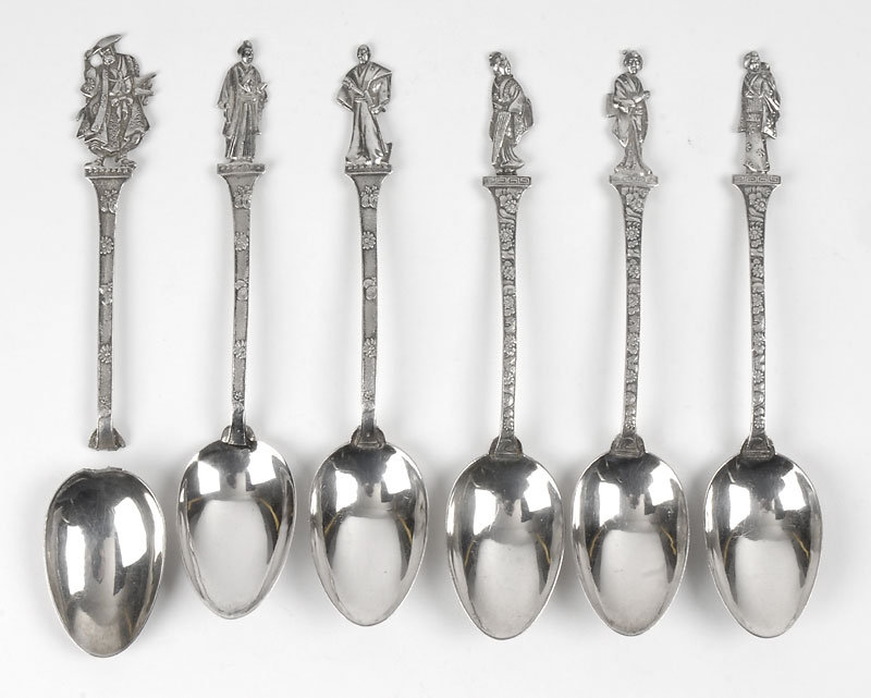 Six Japanese Silver Spoons with Figural Handles, Meiji.