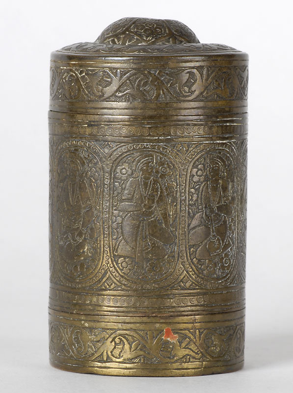 Small Persian Qajar Brass Container w. Figures, 19th C