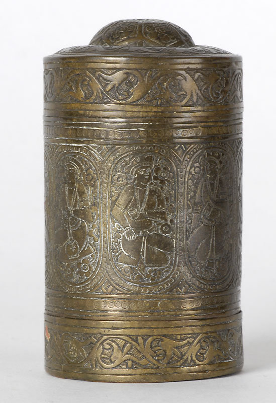 Small Persian Qajar Brass Container w. Figures, 19th C