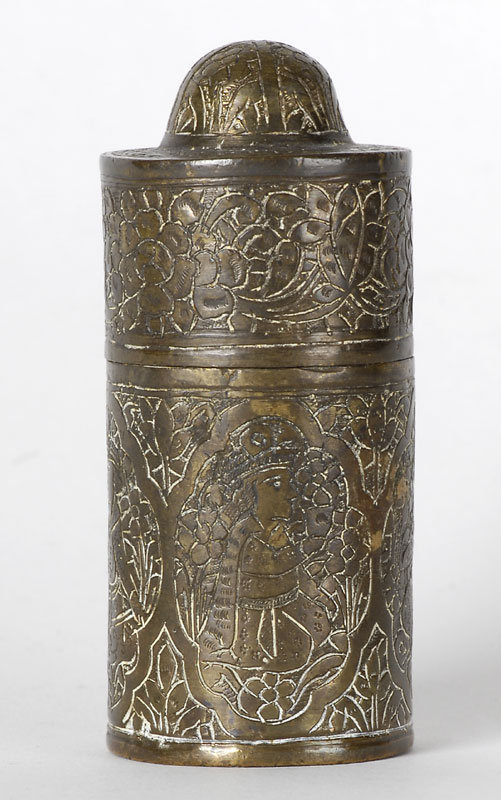 Persian Qajar Brass Container w. Figural Medallions.