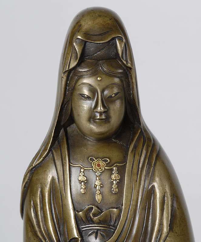 Fine Japanese Inlaid Bronze Figure of Kannon, Signed.