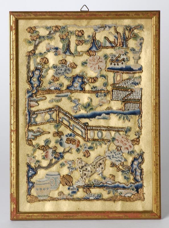 Framed Chinese Peking Knot Applique Embroidery.