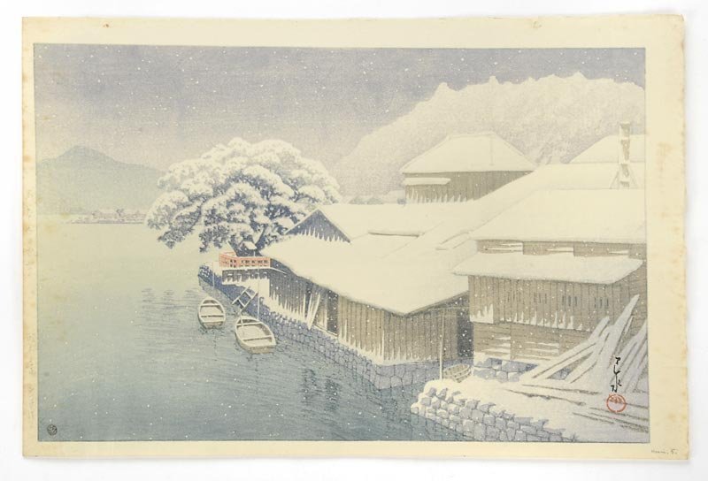 Kawase Hasui Woodblock Print - Ishinomaki in the snow.