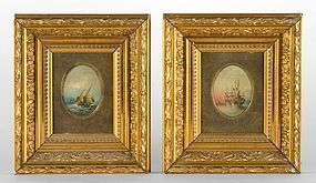 Pair of Chinese Export Oil Paintings w. Ships, 19th C.