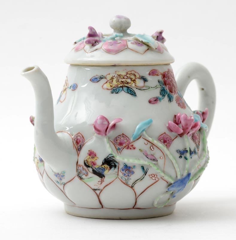 Chinese Molded Export Porcelain &quot;Famille rose&quot; Teapot.
