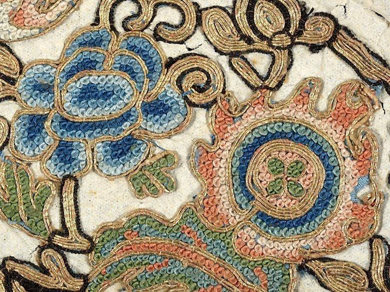Pair of Chinese Embroidered Peking Knot Silk Roundels.