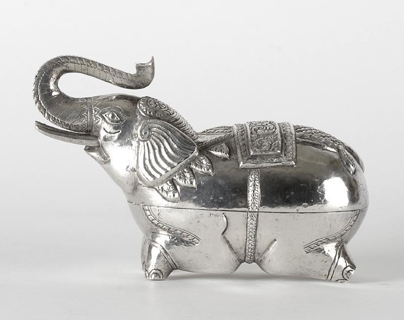 Cambodian Figural Silver Betel Box in Elephant Shape,  c. 1920.