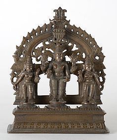 Antique Indian Bronze Altar of Vishnu with Consorts.