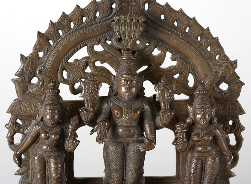 Antique Indian Bronze Altar of Vishnu with Consorts.