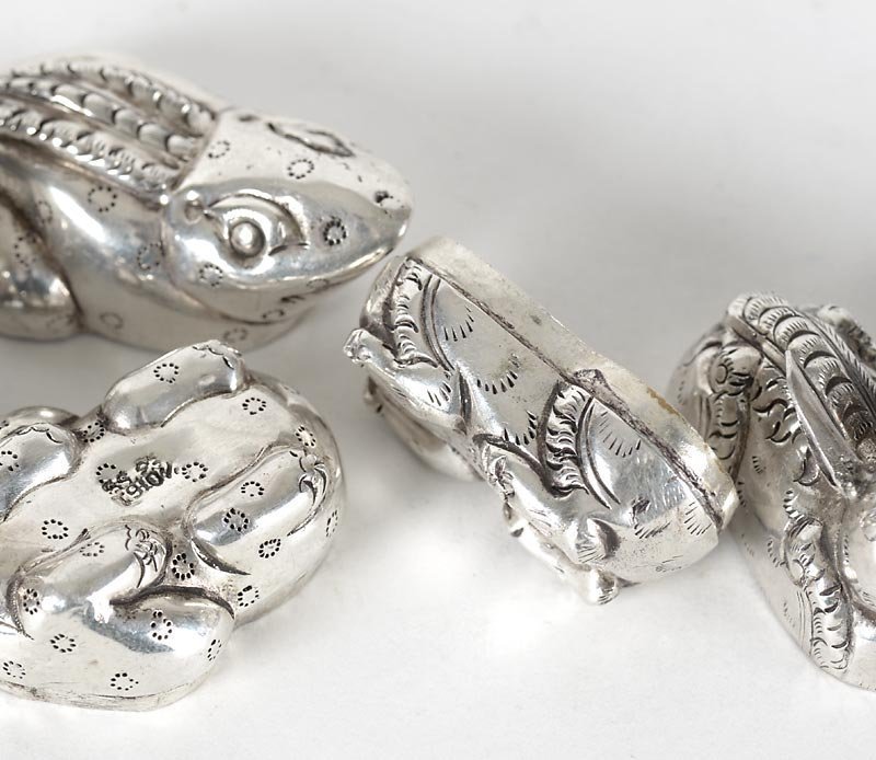 Lot of 4 Small Cambodian Silver Betel Boxes in Animal Shape.