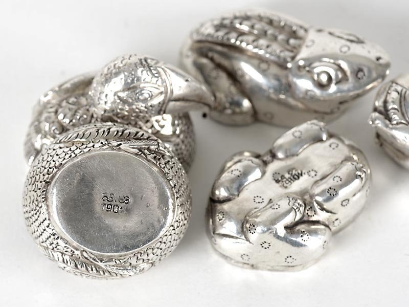 Lot of 4 Small Cambodian Silver Betel Boxes in Animal Shape.