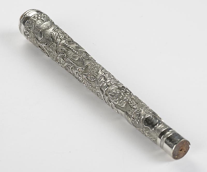 Antique Colonial Indian Silver Parasol Handle with Ascetics, 1896.