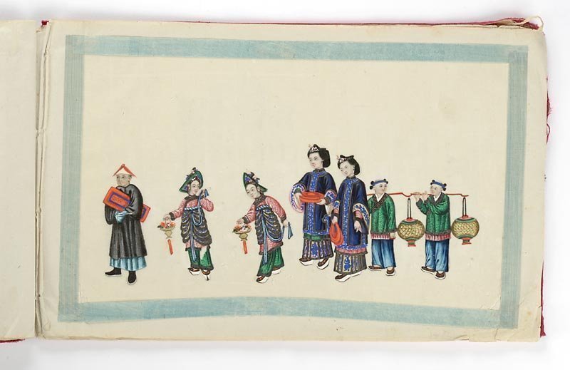 Chinese Pith Paper Painting Album with Procession Scenes, 19th C.