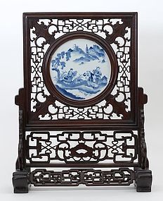 Chinese Table Screen with Blue & White Porcelain Plaque, late Qing.