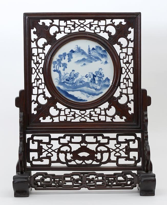 Chinese Table Screen with Blue &amp; White Porcelain Plaque, late Qing.