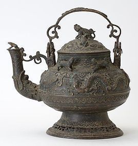 Large Malay Brunei Ritual Bronze Kettle with Animal Motifs, c. 1920.