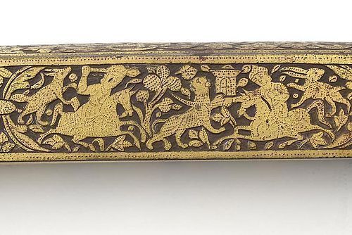 Persian Qajar Steel Qalamdan Pen Box w. "False Damascene", 19th C.