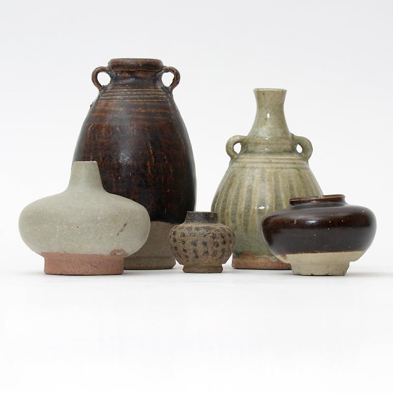 Lot of 5 Antique Thai Ceramics w. Celadon & Brown Glaze, c. 17 th C.