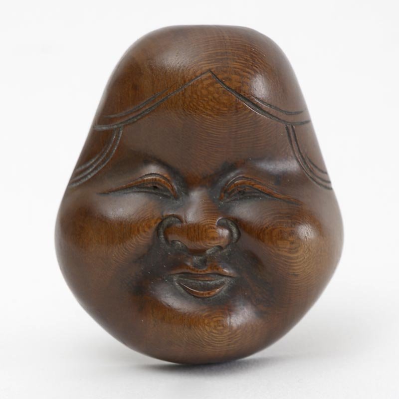 Japanese Wood Mask Netsuke of Otafuku or Okame # 1, 19th C.