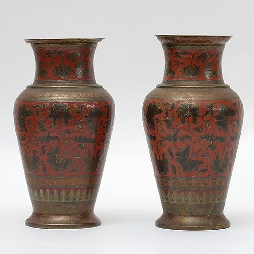 Antique Indian Pair of Enameled Brass Vases with Carnation Tendrils.