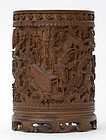 Chinese Carved Bamboo Brush Pot with Warriors, 19th C.