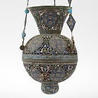Antique Syrian Mosque Hanging Lamp, Copper with Enamel, 19th C.