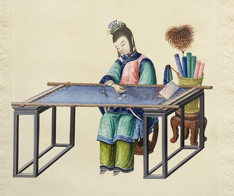 Fine Chinese Trade Painting on Paper of an Embroiderer, Early 19th C.
