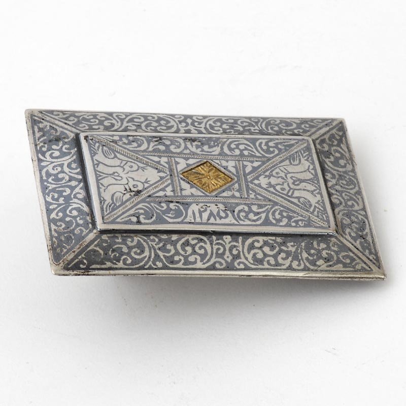 Antique Caucasian Silver Niello Belt Buckle with Gilding, Dated 1868.