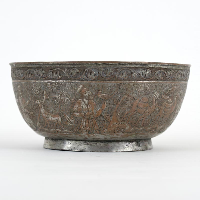 Fine Persian Tinned Copper Bowl w. Pastoral Scene, Marked.