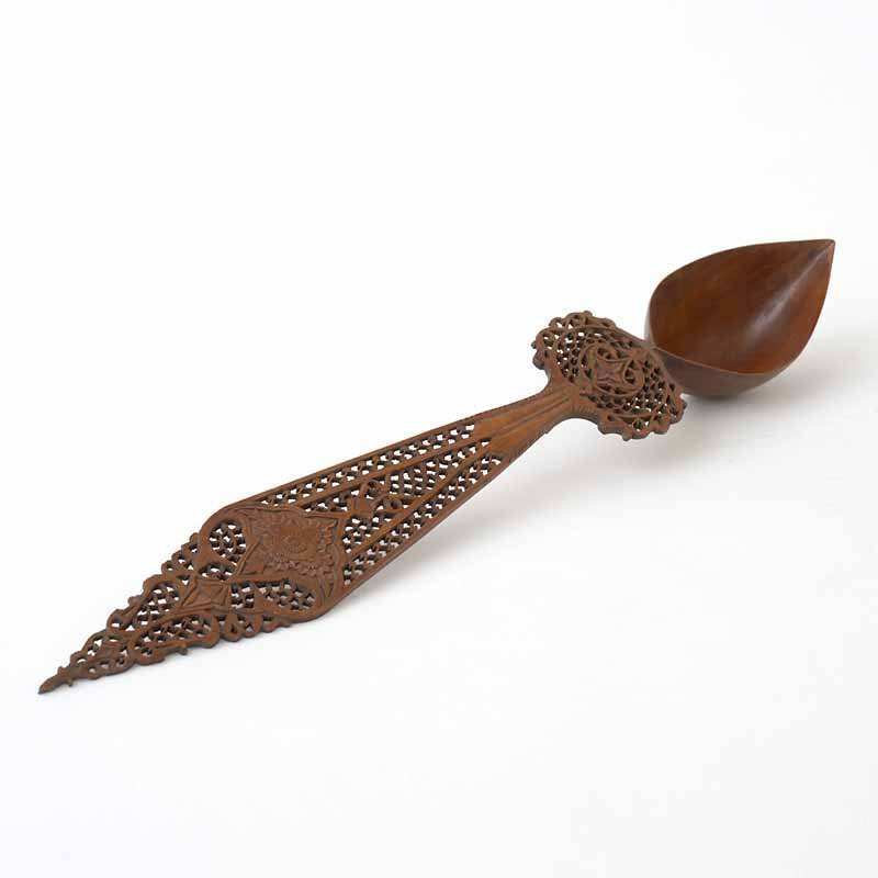 Large Persian Carved & Pierced Wooden Sherbet Spoon, 19th C.