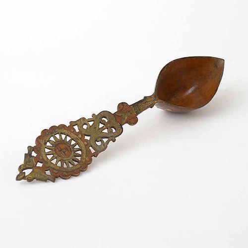 Persian Carved & Painted Wooden Sherbet Spoon, 19th C.