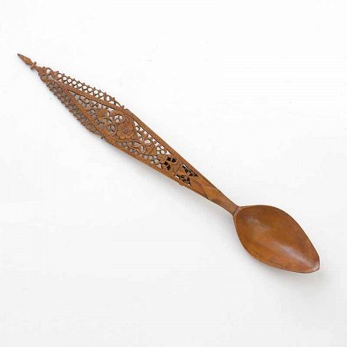 Persian Carved & Pierced Wooden Sherbet Spoon, 19th C.