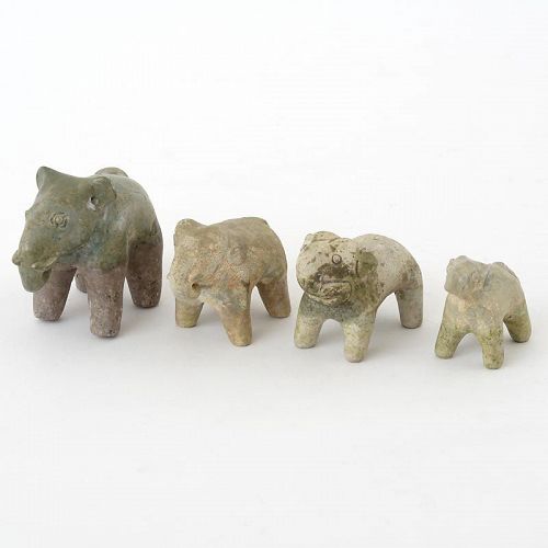 Lot of 4 Antique Thai Celadon Ceramic Elephant Figurines, c. 16th C.