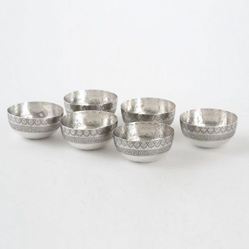 An Antique Set of 6 Islamic Silver Bowls with Arabic Inscription.