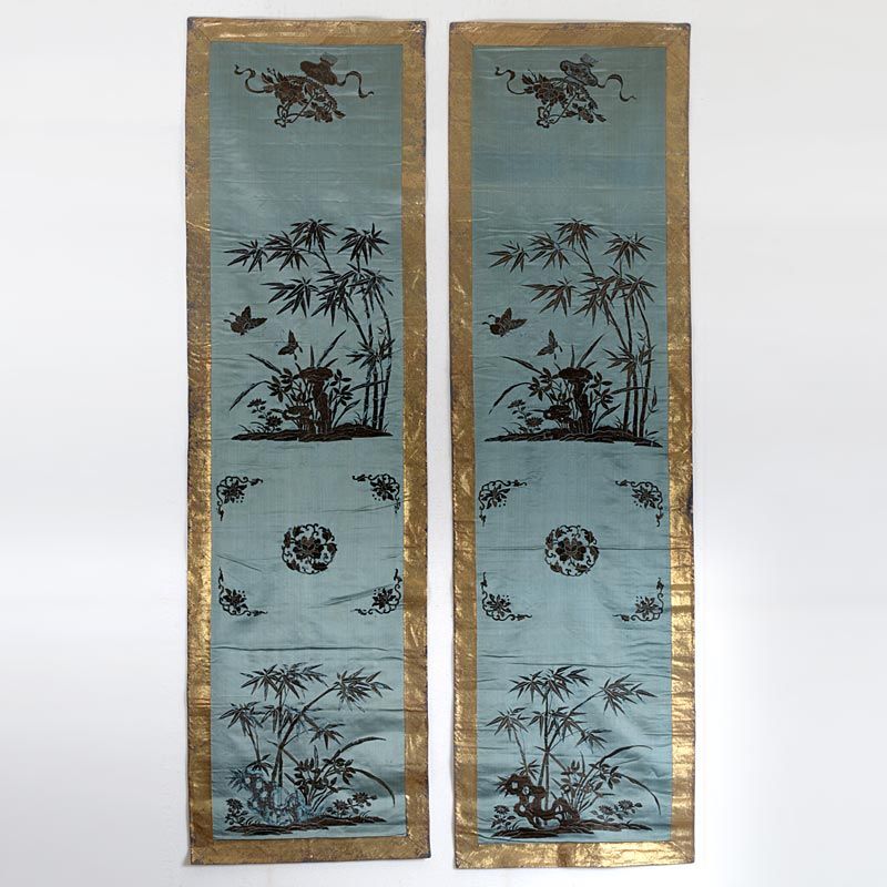 Pair of Chinese Embroidered Silk Chair Covers w. Peking Knot, 19th C.