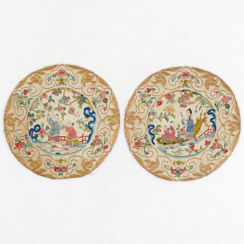 Two Chinese Embroidered Silk Roundels w. Peking Knot, 19th C.