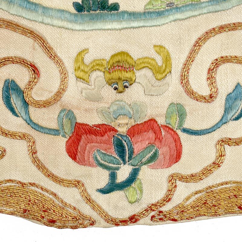 Two Chinese Embroidered Silk Roundels w. Peking Knot, 19th C.
