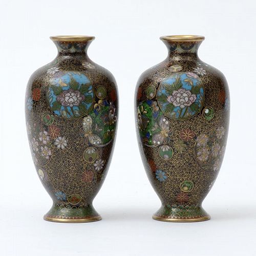 A Fine Pair Japanese Shippo Cloisonne Vases by Takahara, Meiji.