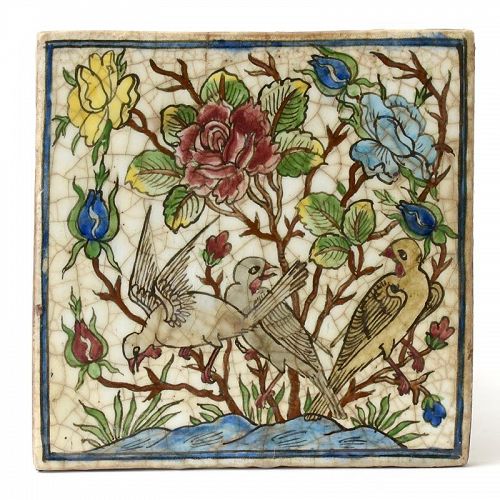 Large Antique Persian Ceramic Tile with Birds and Roses.