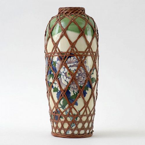 Large Antique Japanese Pottery Vase with Bamboo Weave, c. 1900.