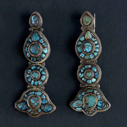 A Pair Tibetan Woman's Jewelry Ornaments "Akor" with Turquoise.