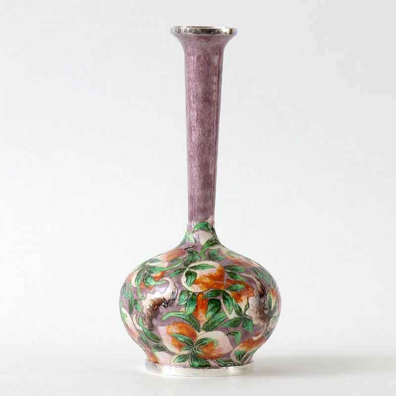 Korean Silver Cloisonne Vase with Peaches and Bats.