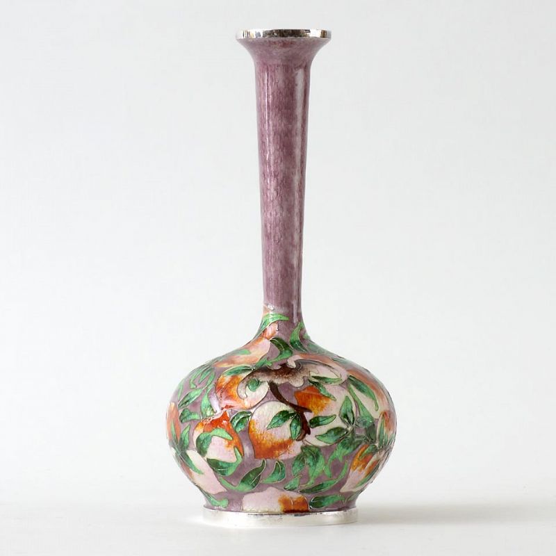 Korean Silver Cloisonne Vase with Peaches and Bats.