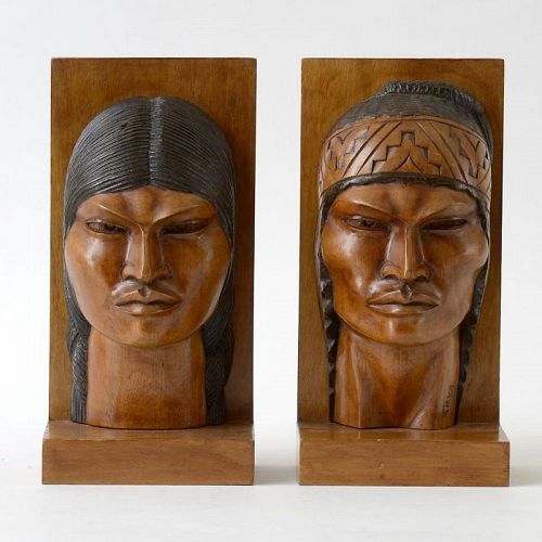 Decorative Bolivian Carved Bust Wood Bookends, Signed.