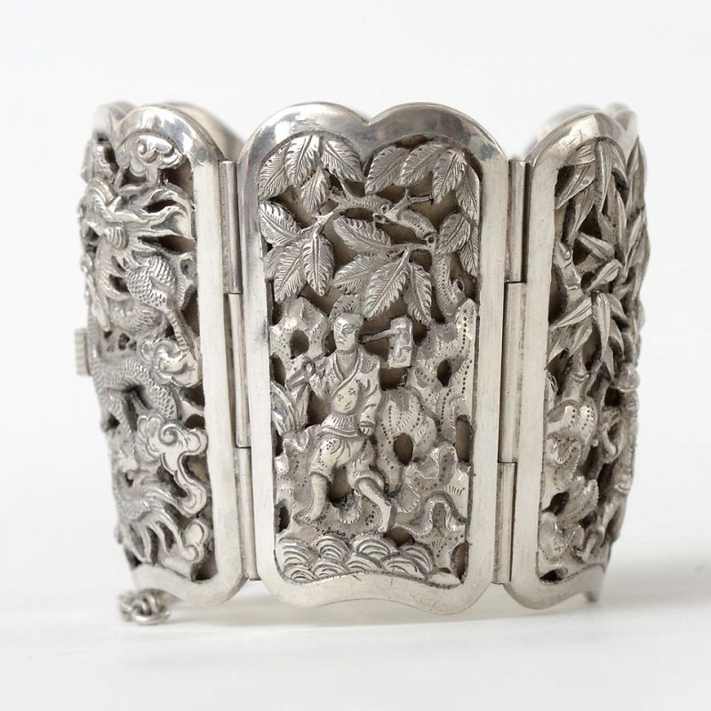 French Indochine Exclusive Silver Bracelet Cuff, Early 20th C.